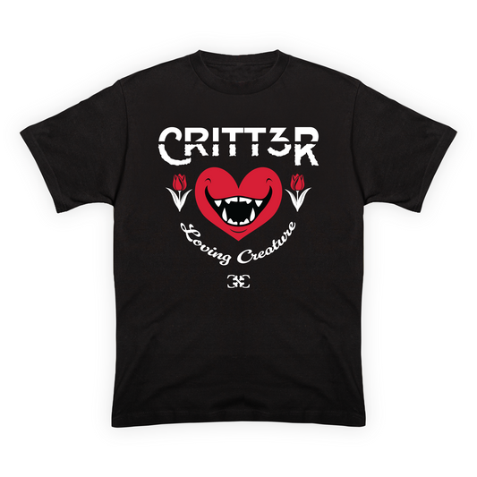 CRITT3R brand shirt featuring the text 'Loving Creature' alongside a heart design, embodying the brand's message of compassion and warmth