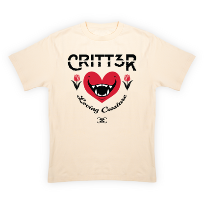 CRITT3R brand shirt featuring the text 'Loving Creature' alongside a heart design, embodying the brand's message of compassion and warmth