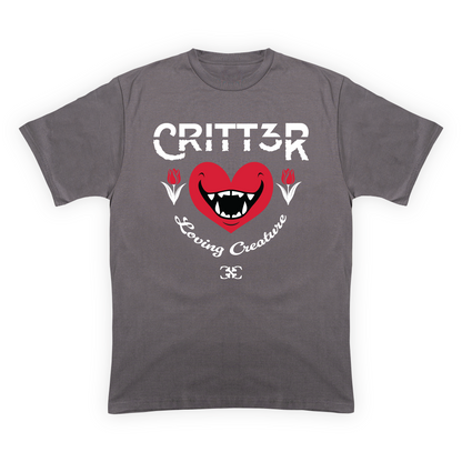 CRITT3R brand shirt featuring the text 'Loving Creature' alongside a heart design, embodying the brand's message of compassion and warmth