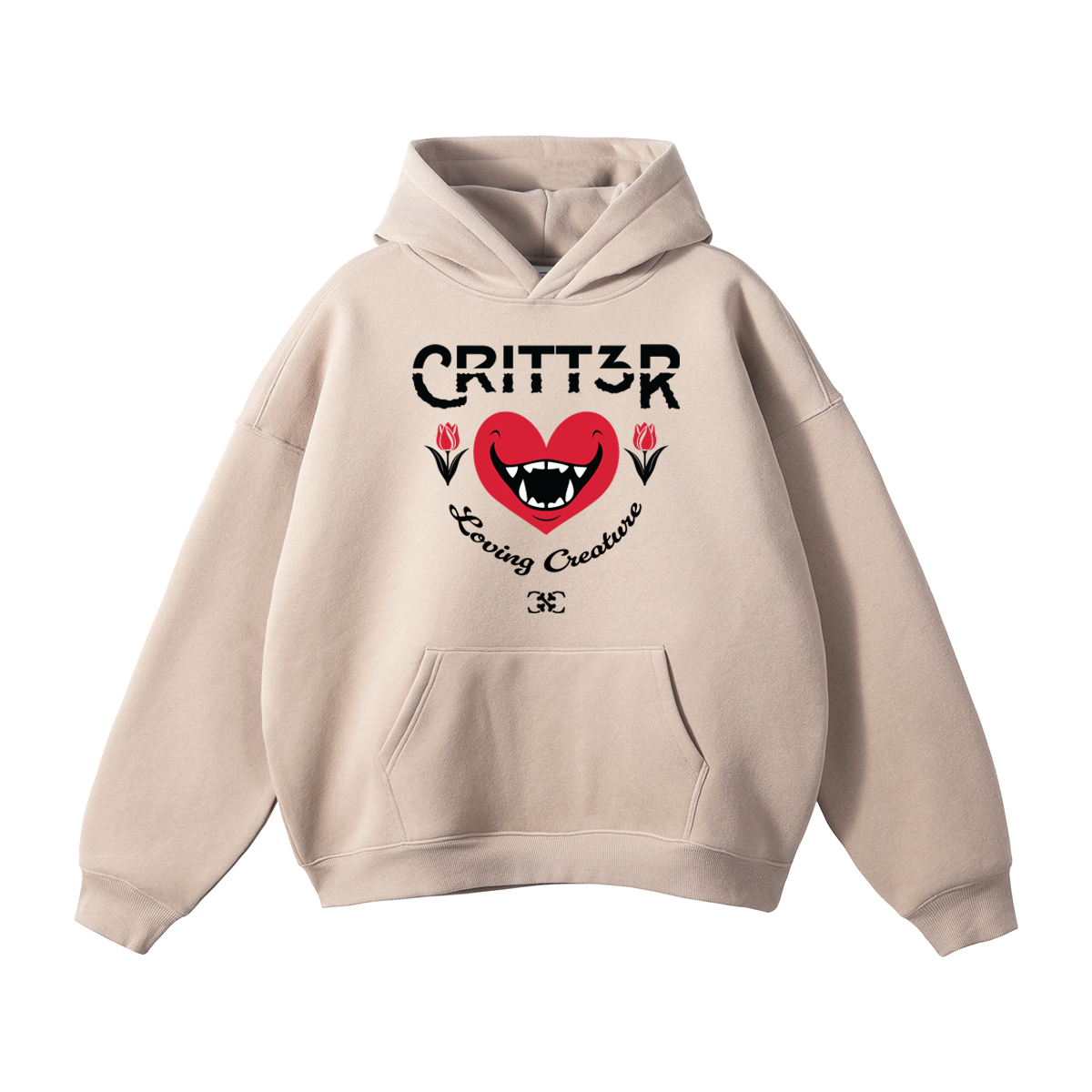 CRITT3R brand Hoodie featuring the text 'Loving Creature' alongside a heart design, embodying the brand's message of compassion and warmth