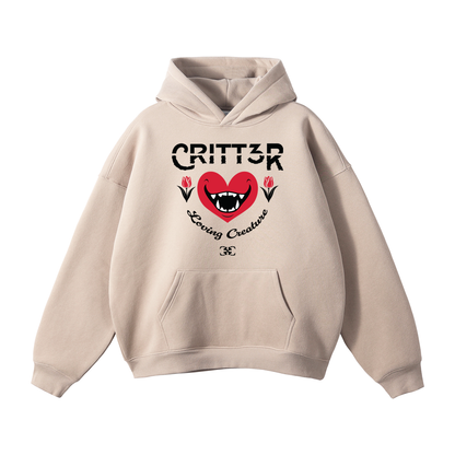 CRITT3R brand Hoodie featuring the text 'Loving Creature' alongside a heart design, embodying the brand's message of compassion and warmth