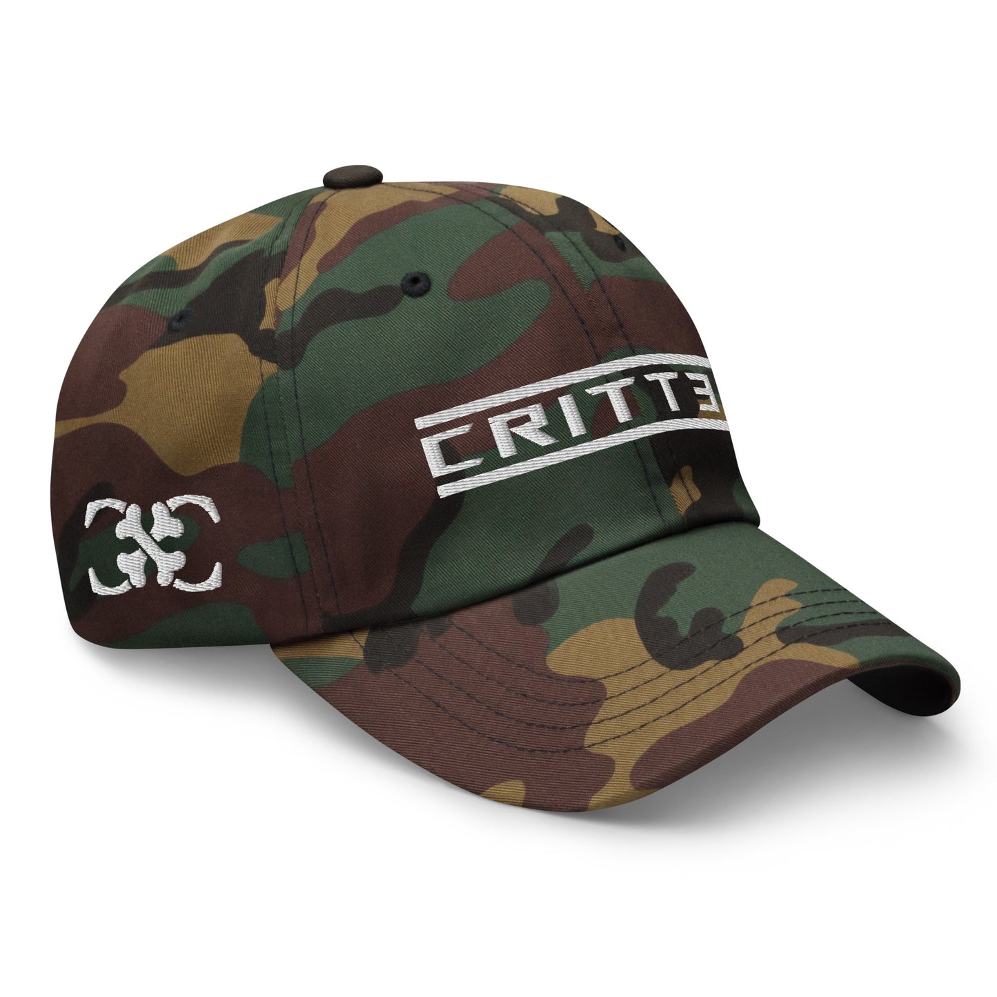 camo hat with 'CRITT3R' text embroidered in bold lettering across the front