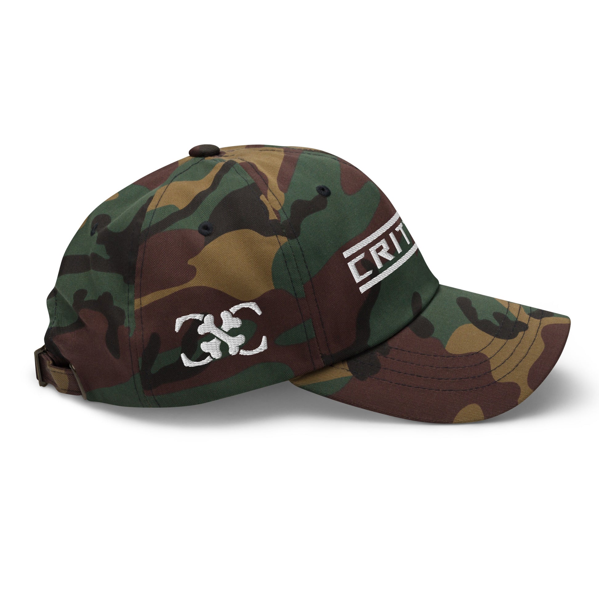 camo hat with 'CRITT3R' text embroidered in bold lettering across the front