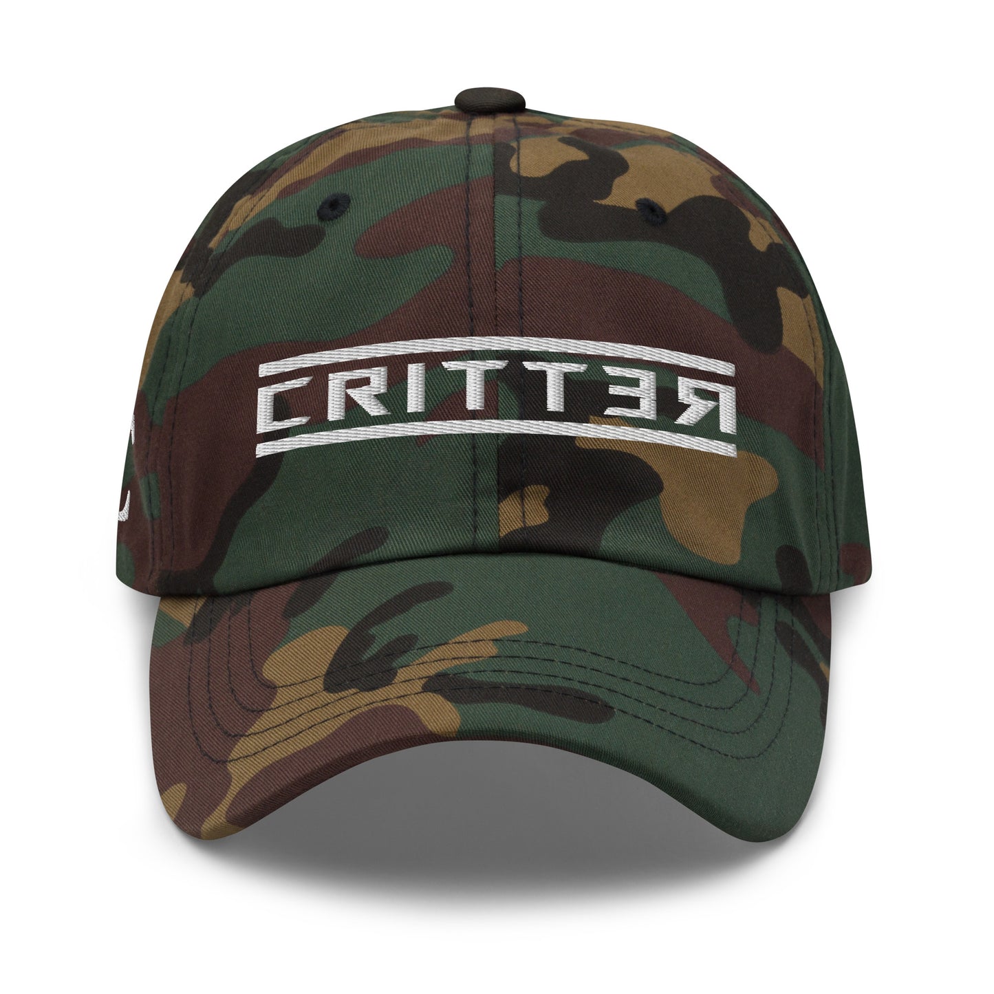 camo hat with 'CRITT3R' text embroidered in bold lettering across the front